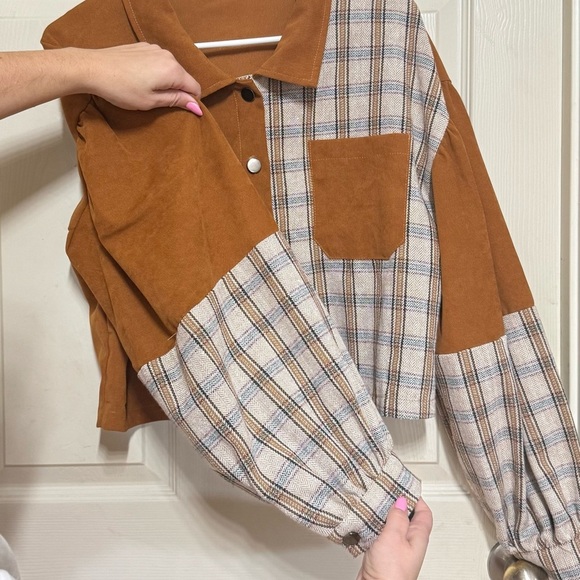 SHEIN Brown & plaid Short Jacket with bubble sleeves-thin quarter Roy/faux suede - Picture 2 of 8